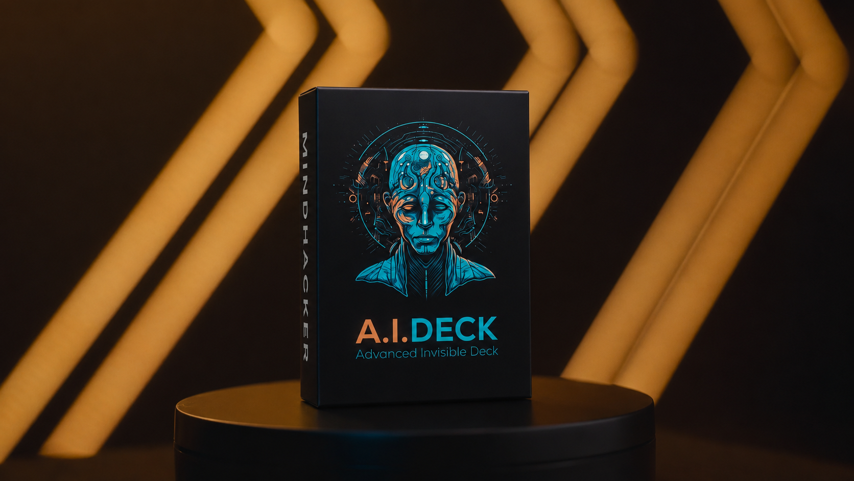 A.I. Deck box on a dark pedestal beneath gold chevron lighting.