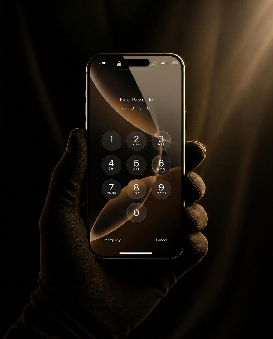 An iPhone lock screen held in a gloved hand under warm gold stage light.