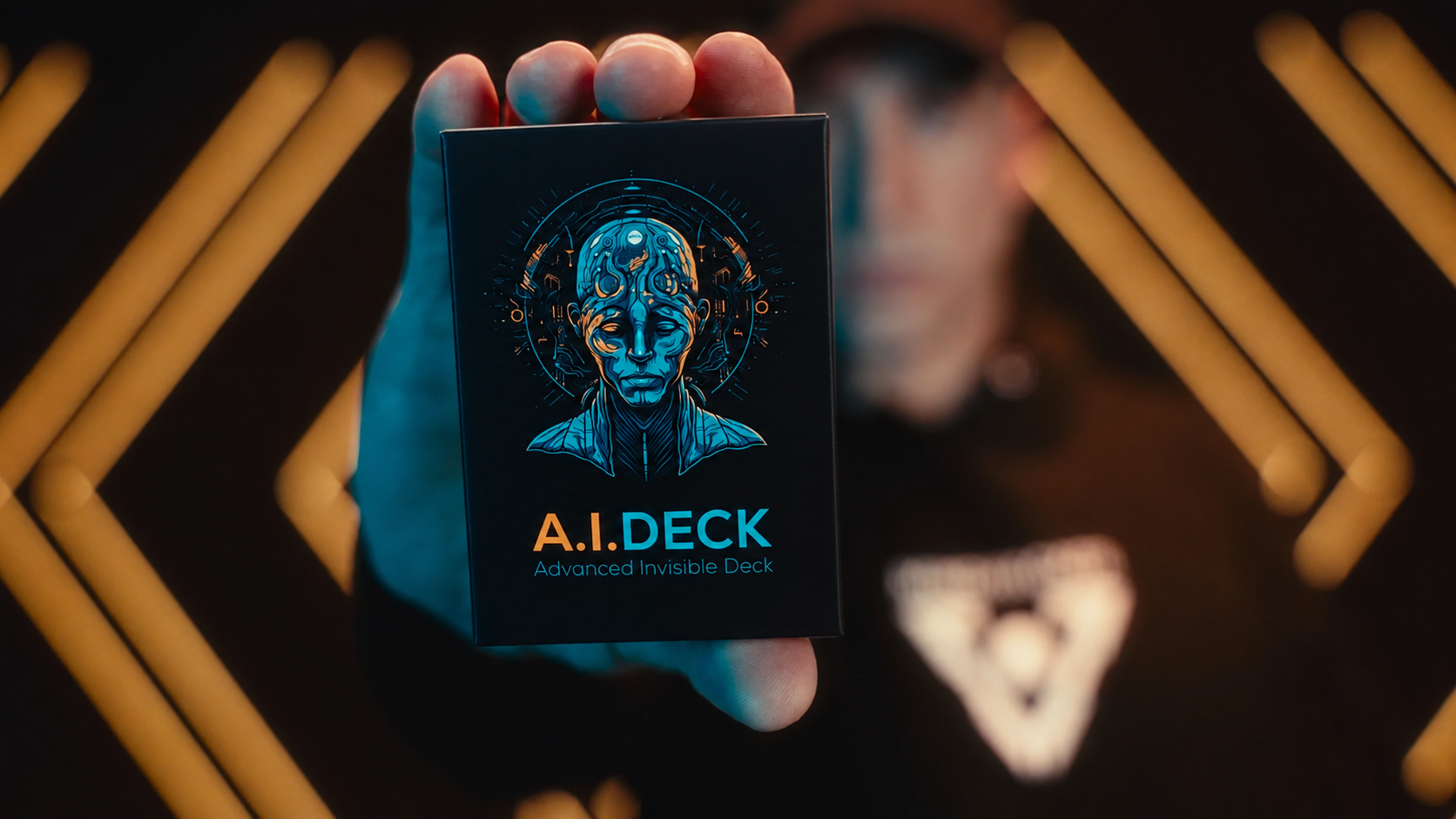 A performer holding the A.I. Deck box toward the camera.