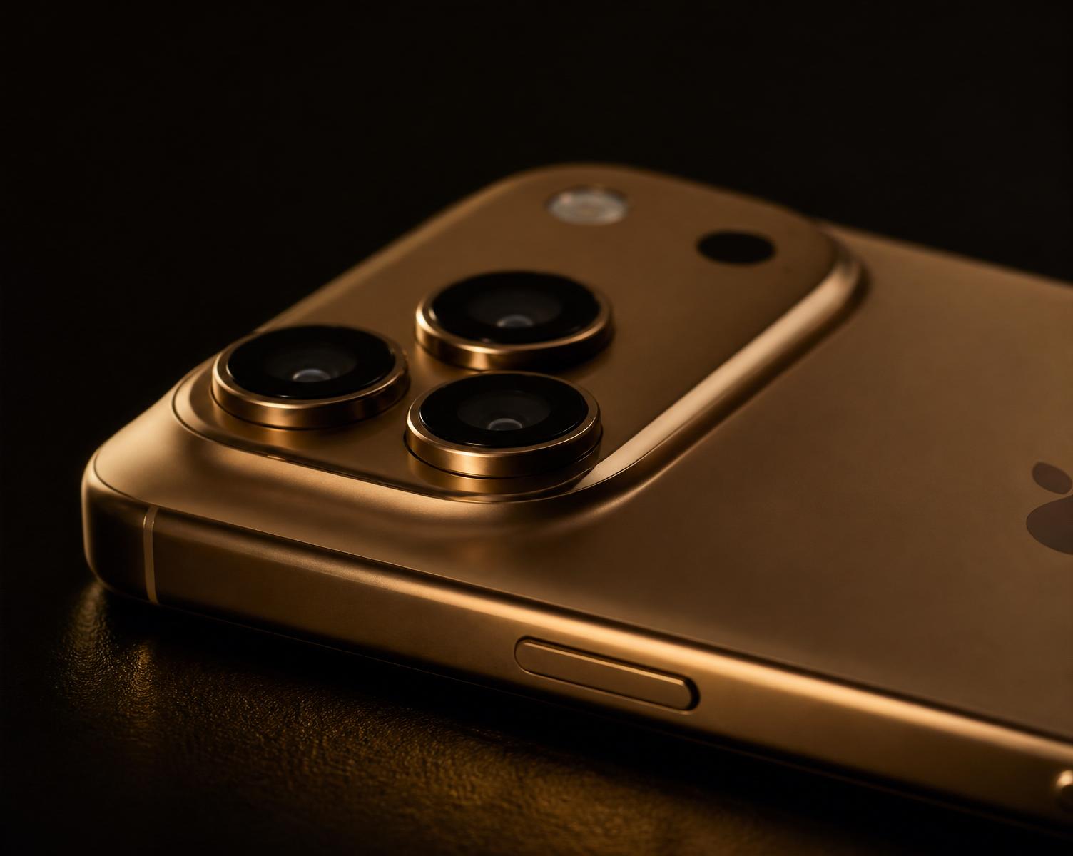 Arcana — close-up of an iPhone 17 Pro Max at rest under gold rim light.