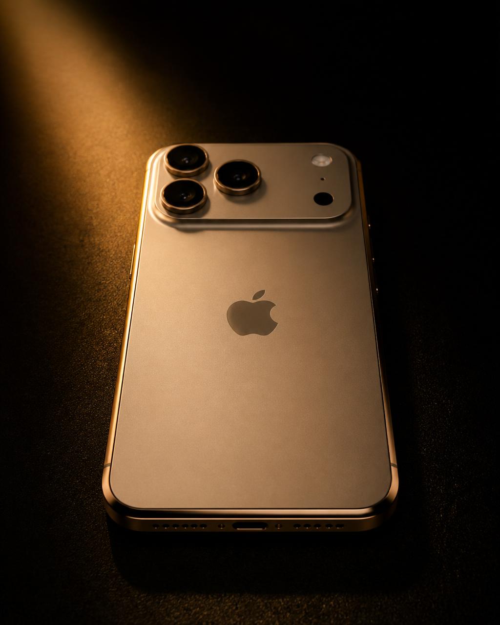 An iPhone 17 Pro Max lying under warm gold stage light — Arcana runs silently in the background.