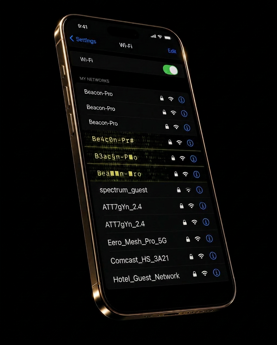 A phone suspended in space showing network names transforming into Beacon-Pro.